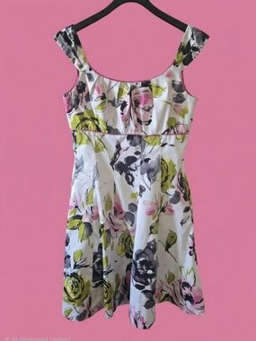 Maggy London Pink Lined Floral Dress with Lime Accents